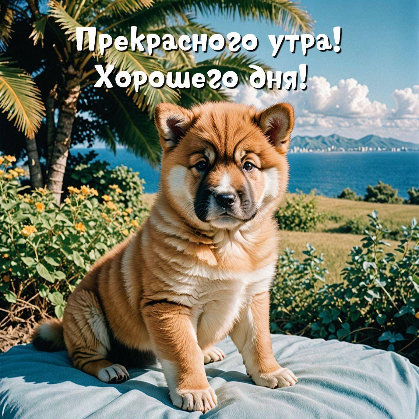 Милый щенок на голубой подушке на фоне природы