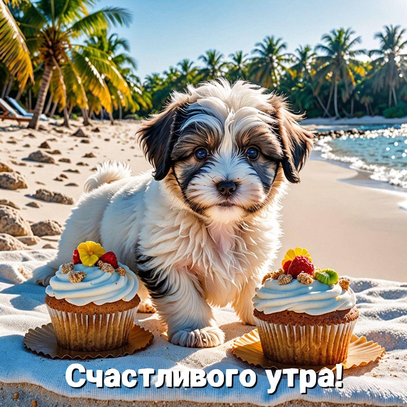Милый щенок на пляже рядом с кексами