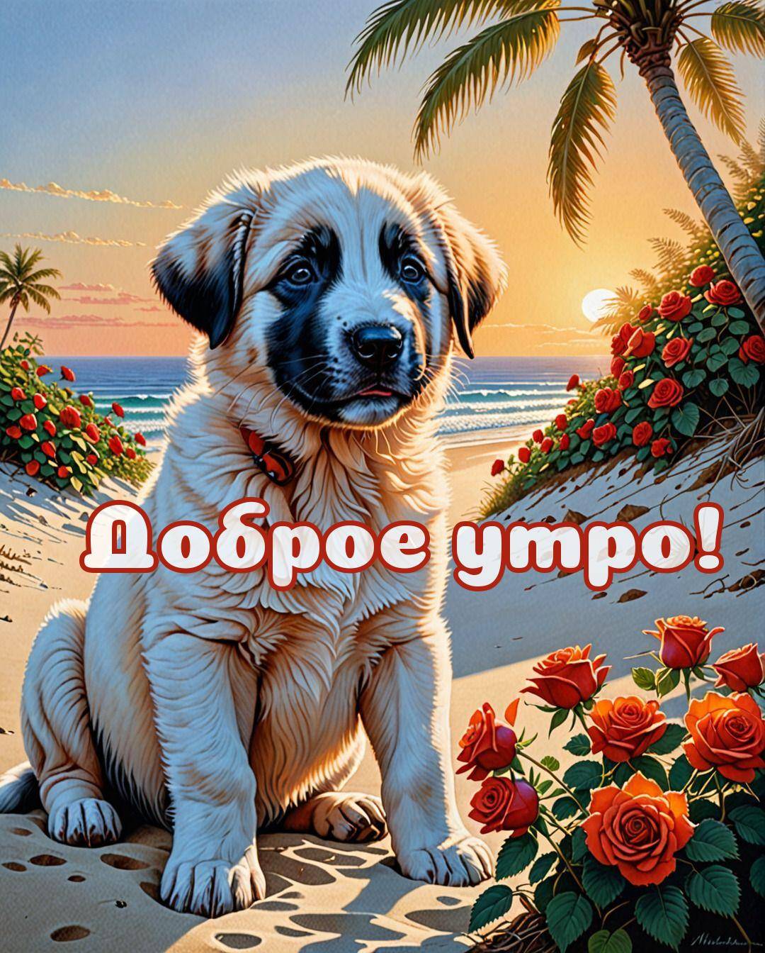 Милый щенок на пляже среди красных роз, пальмы на фоне.