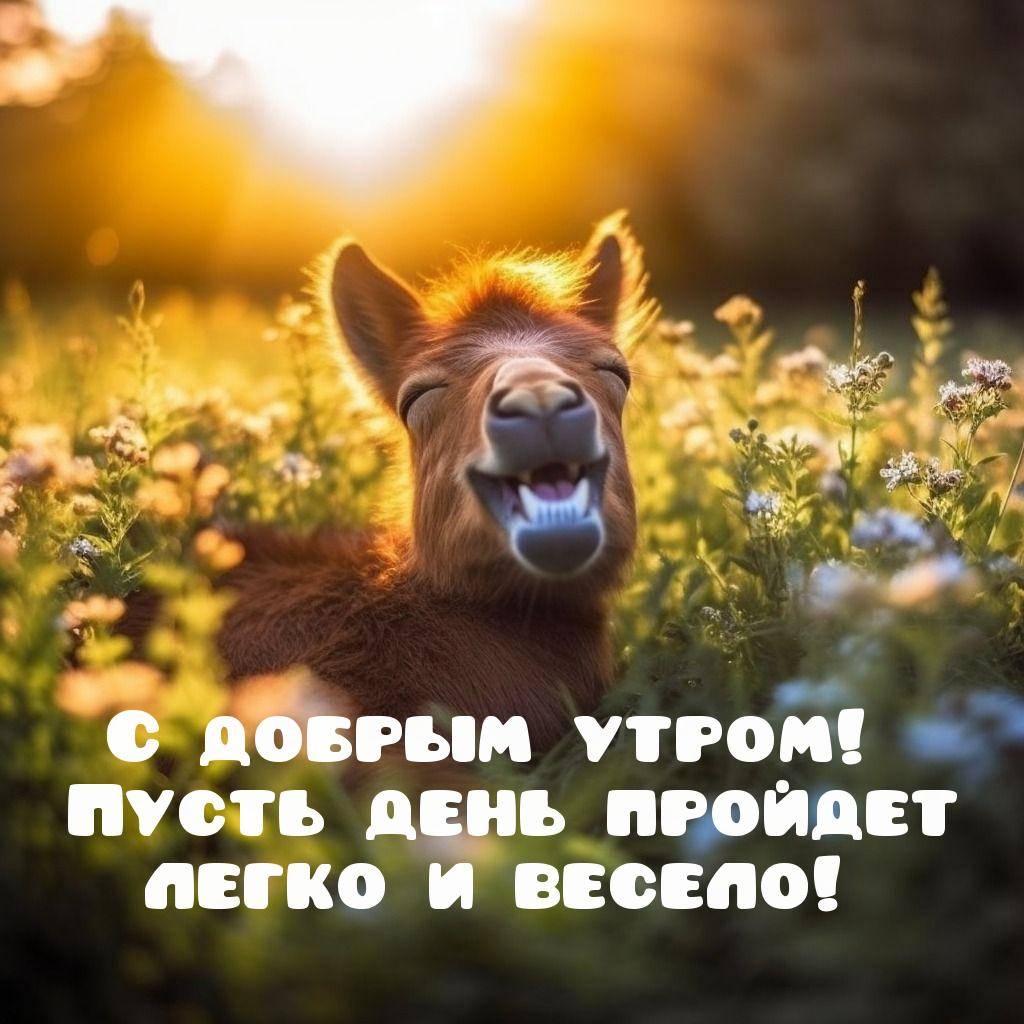 Милый жеребенок улыбается, лежа на лугу с цветами