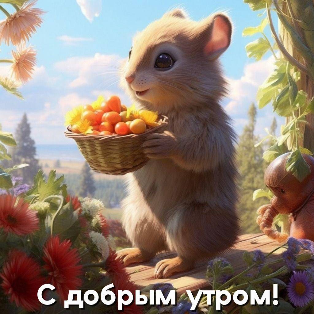 Милый зверёк с корзиной фруктов и цветов среди природы