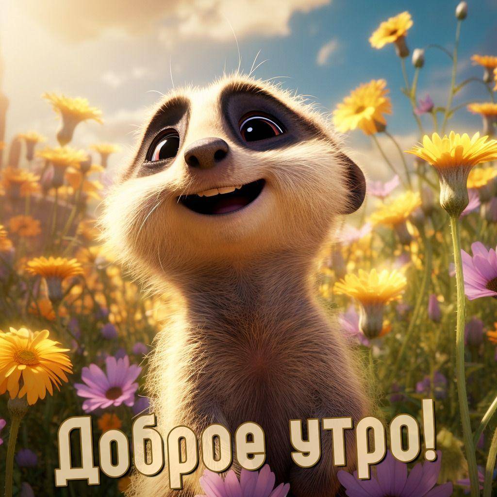 Милый сурикат среди ярких цветов, улыбающийся под солнечным небом