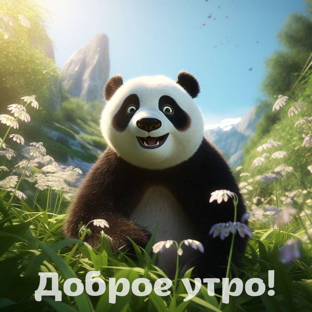 Миловидная панда на траве среди цветов