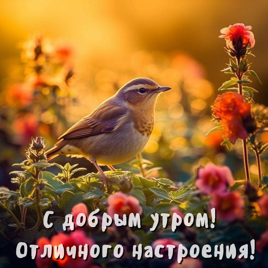 Миниатюрная птичка среди цветущих цветов, уют и спокойствие