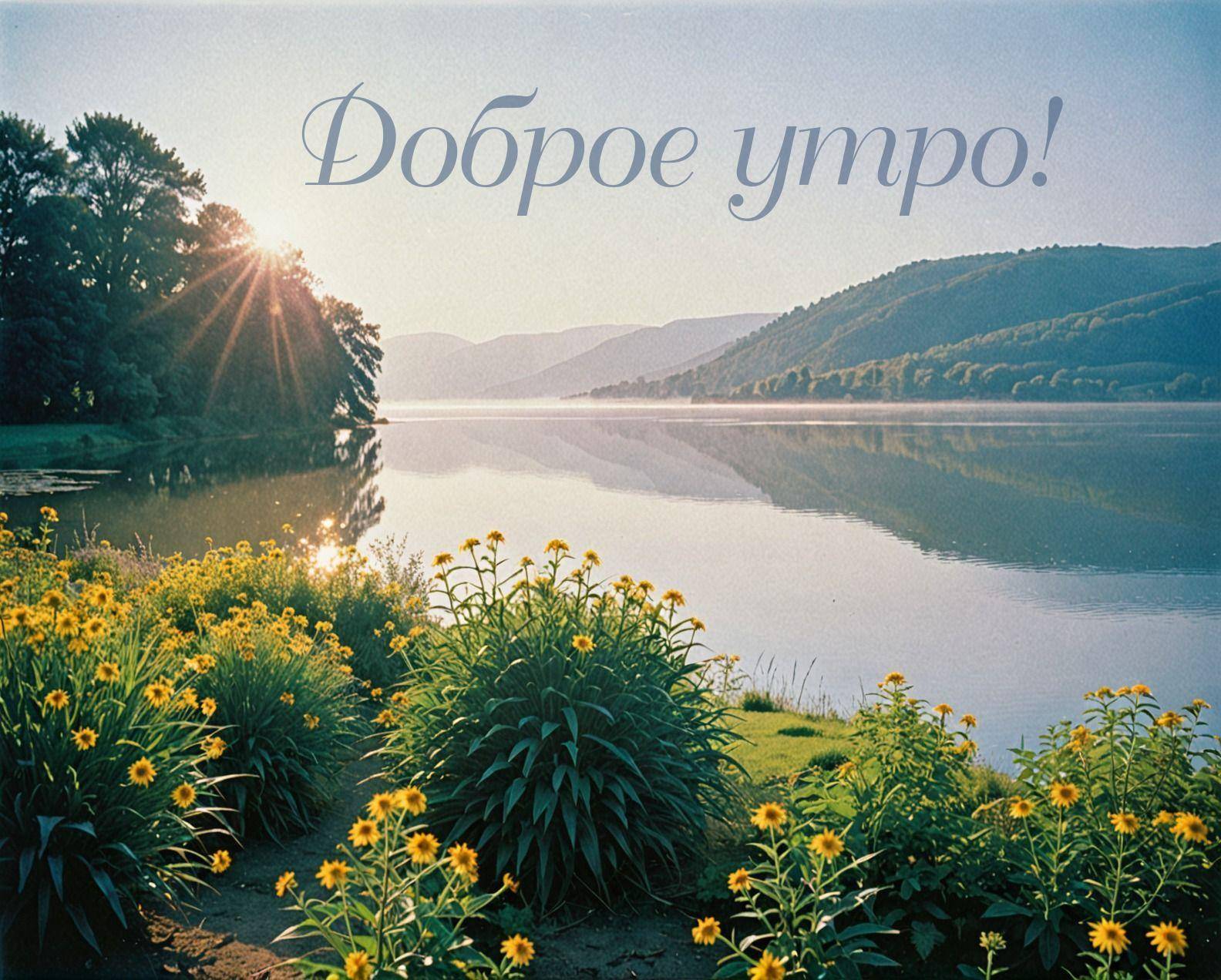 Мирная природная сцена у озера с желтыми цветами