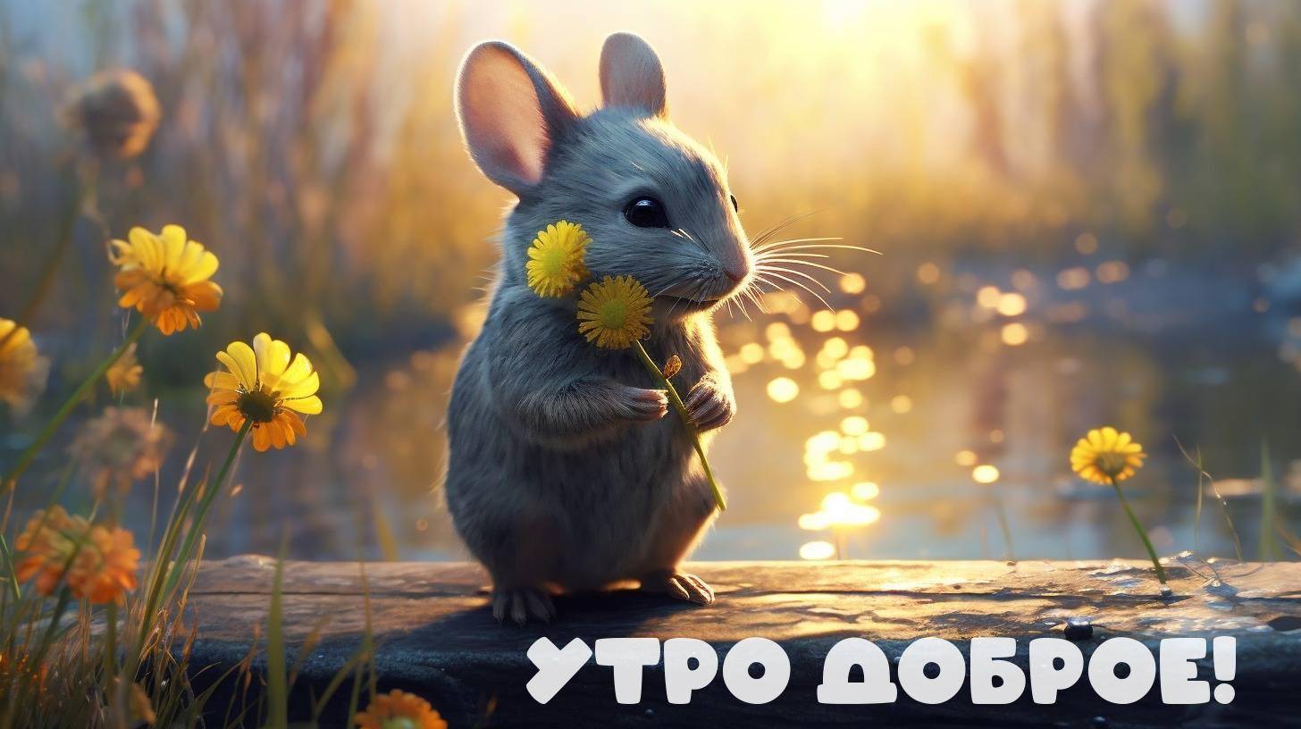 Мышка держит ярко-желтый цветок
