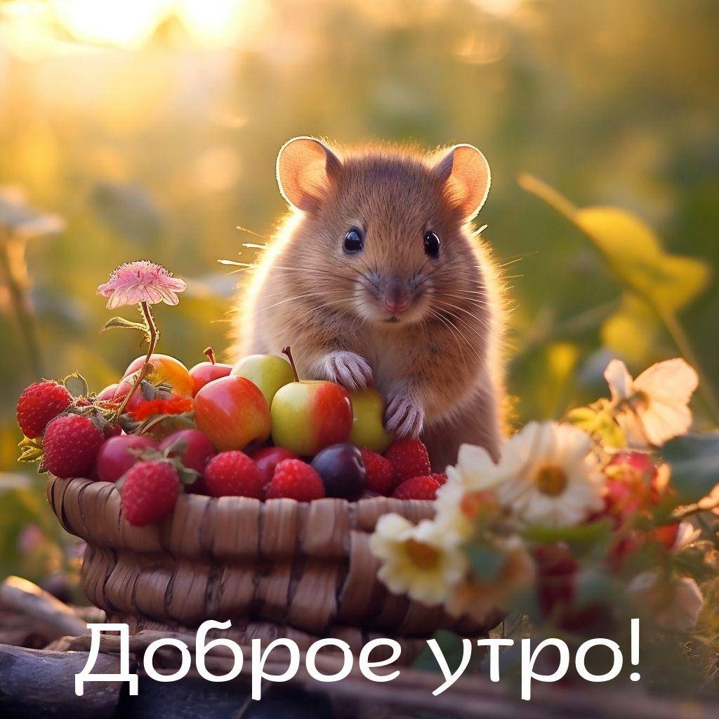 Мышка перед корзиной с фруктами, ягодами и листьями