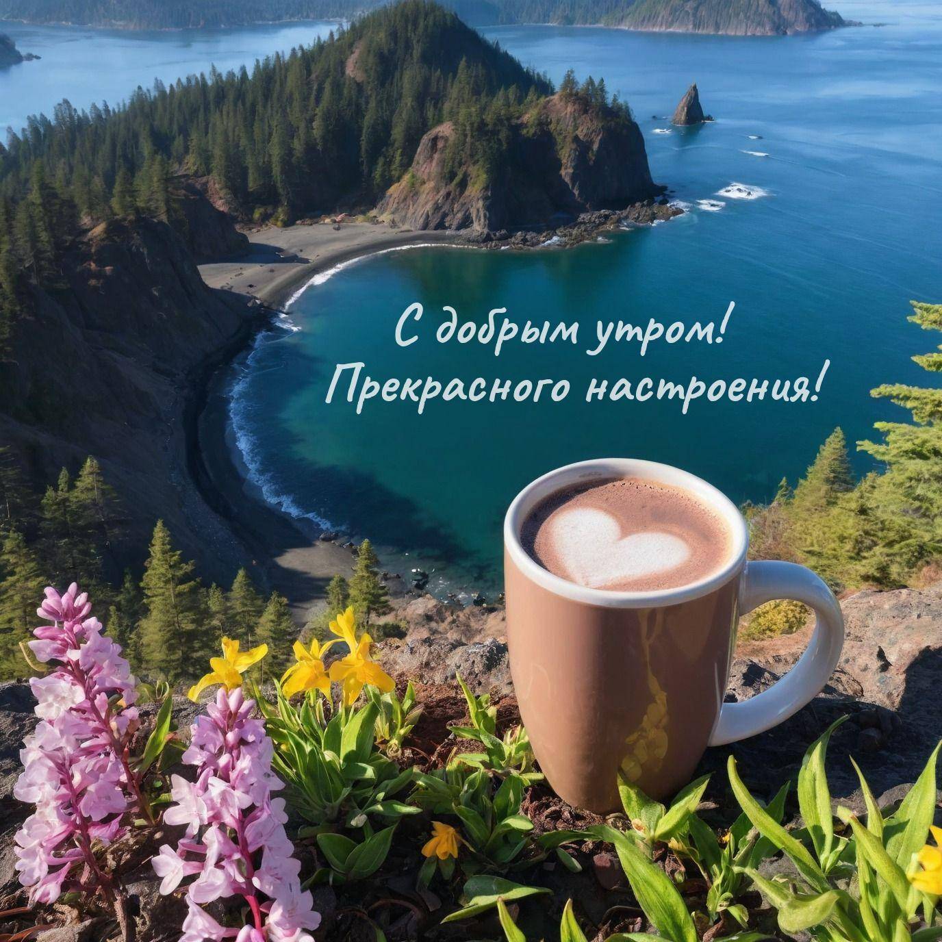 Море, лесистые холмы, чашка с сердечком