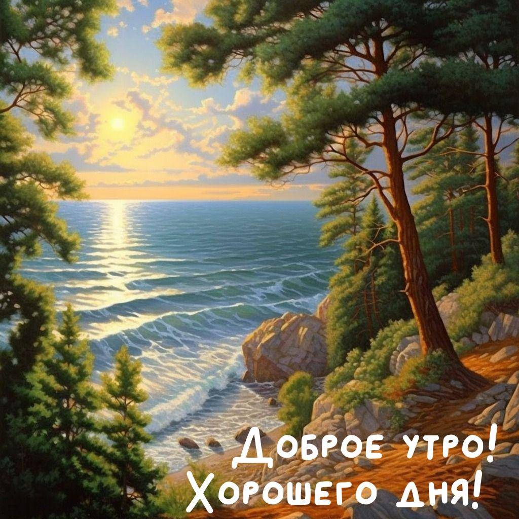 Морская сцена с деревьями и спокойным морем