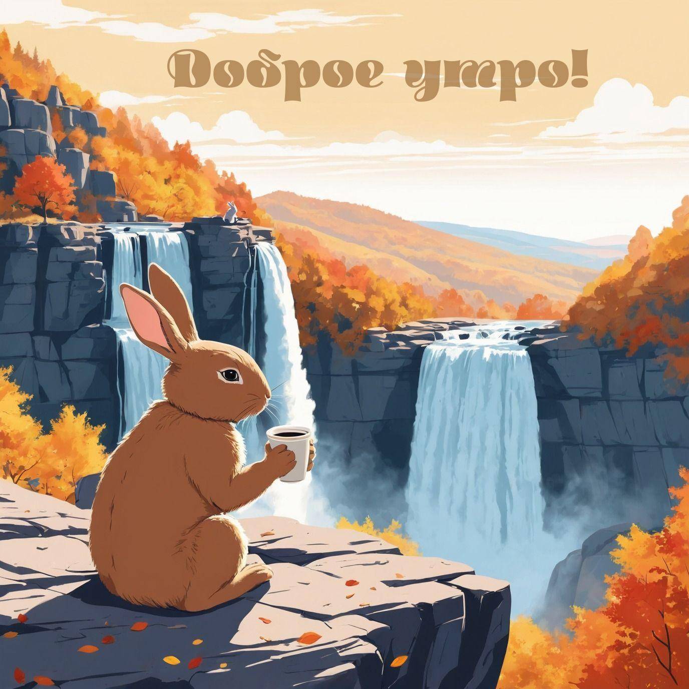 Мультяшный кролик на камне с чашкой осенью