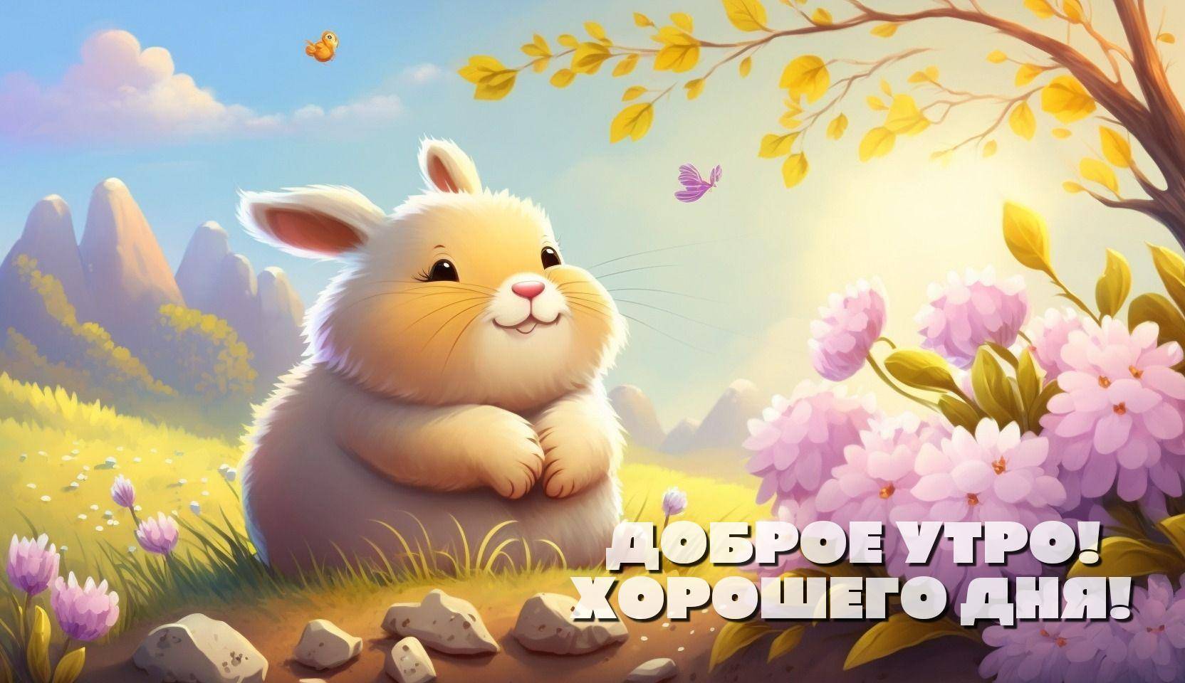 Мультяшный кролик на траве, цветы и горы