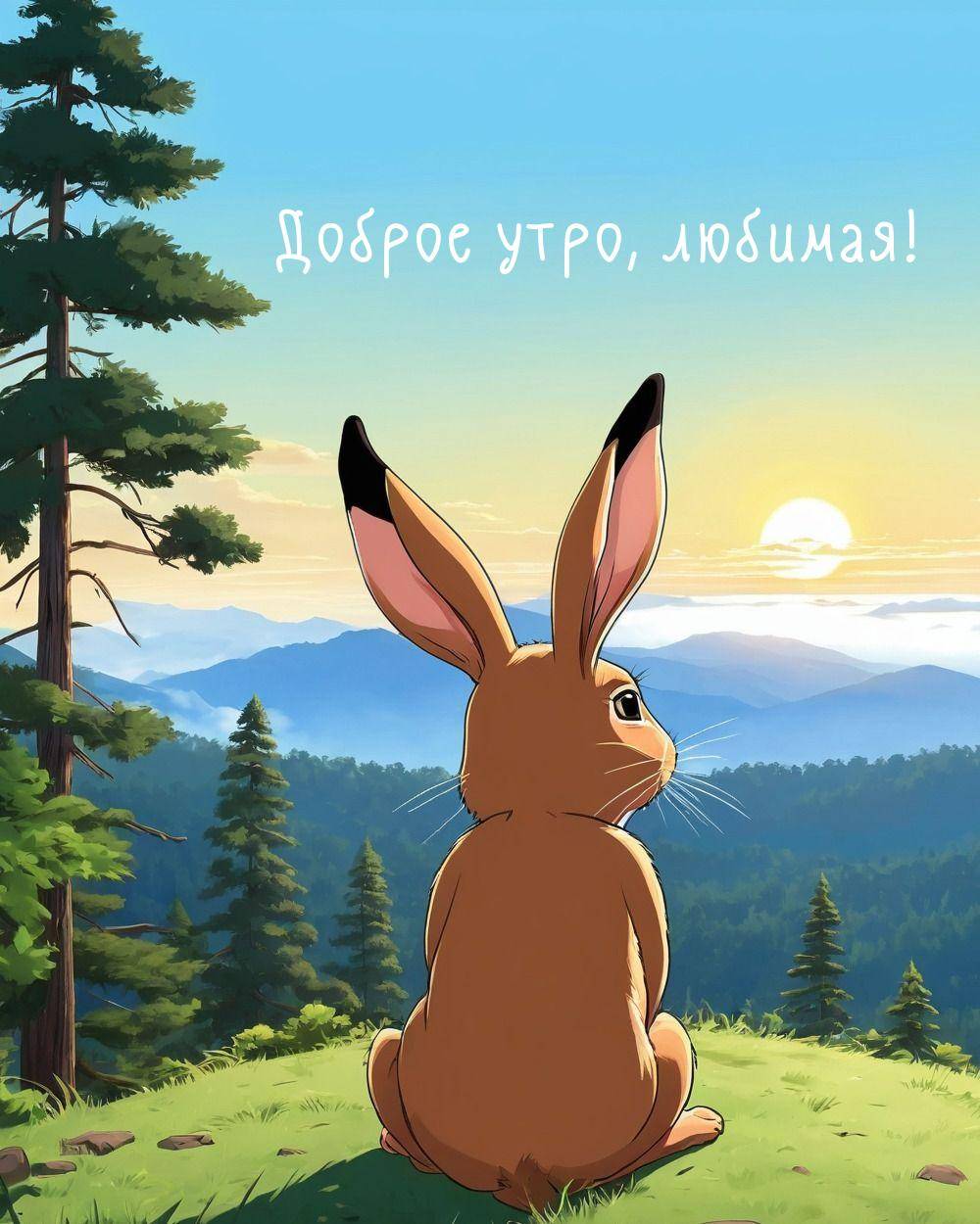 Мультяшный кролик на зелёном склоне горы