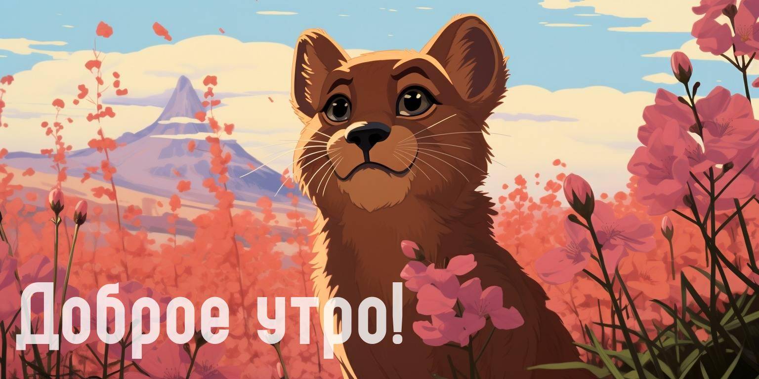 Мультяшный львёнок с большими глазами на цветочном поле