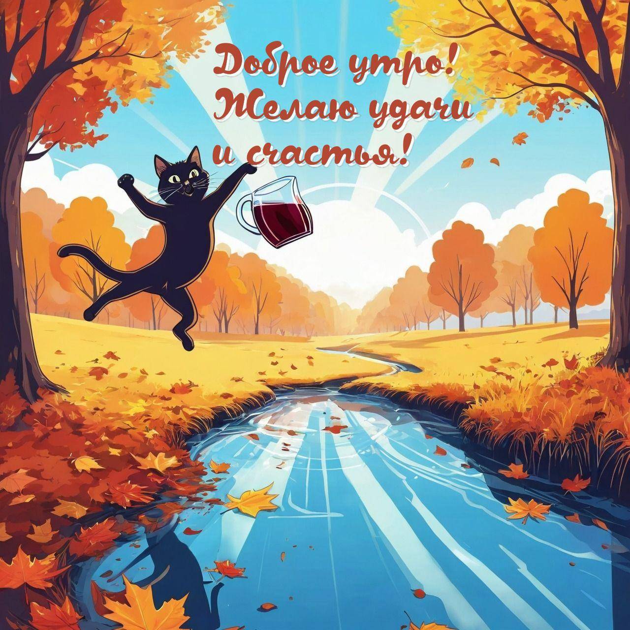 Мультяшный осенний пейзаж с черным котом