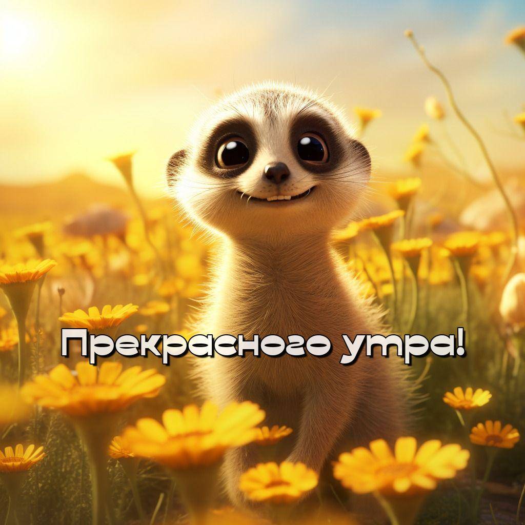 Мультяшный сурикат с большими глазами и улыбкой среди цветов