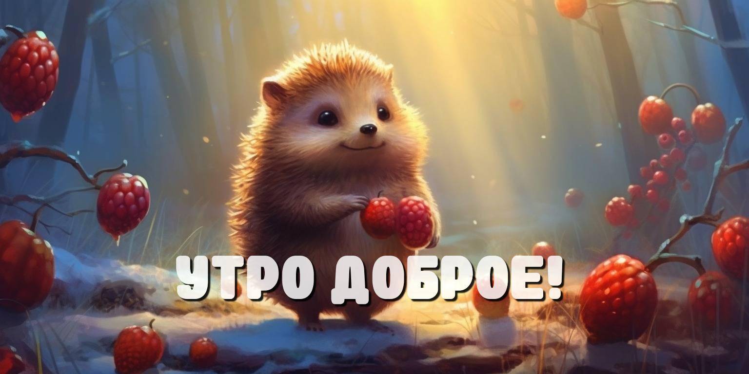Мультяшный веселый ёжик собирает ягоды в зимнем утреннем лесу на рассвете
