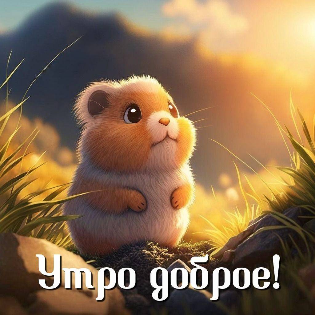 Пушистый мультяшный хомяк в траве на фоне рассвета