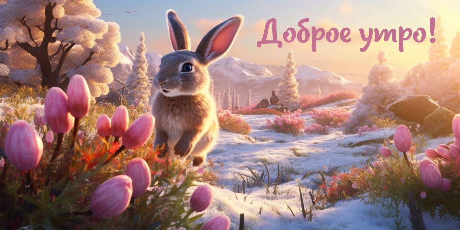 Мягкие лучи утреннего солнца касаются милого зайчонка у тюльпанов.