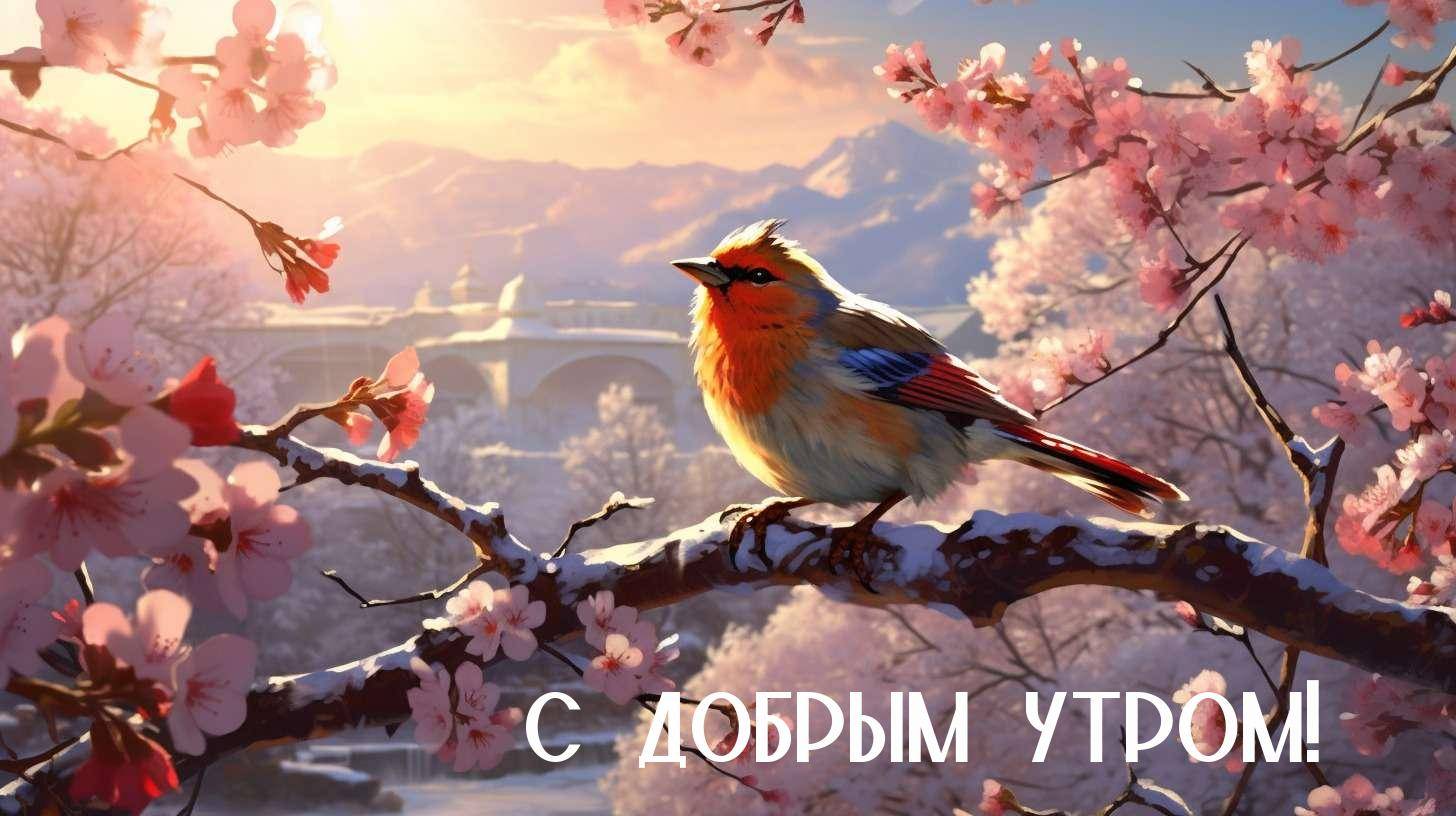 На фоне рассвета, небо расцветает в оттенках розового и оранжевого.