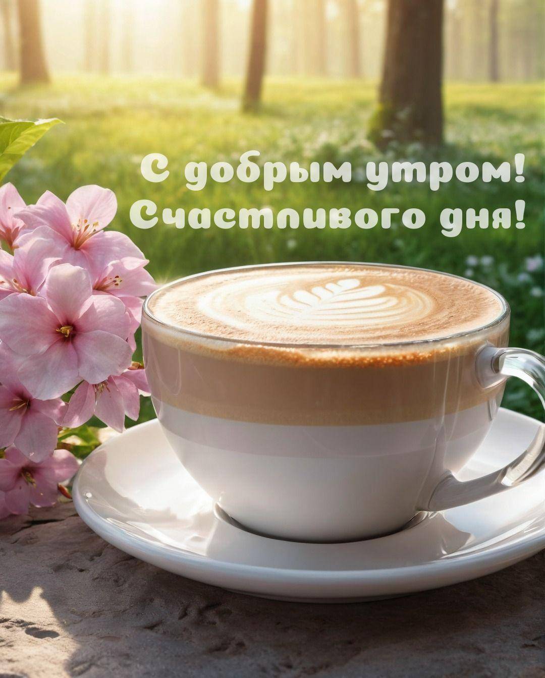На открытке кружка капучино с рисунком, цветы