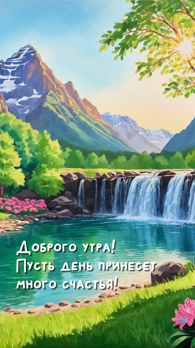 На открытке спокойная бирюзовая вода и водопад