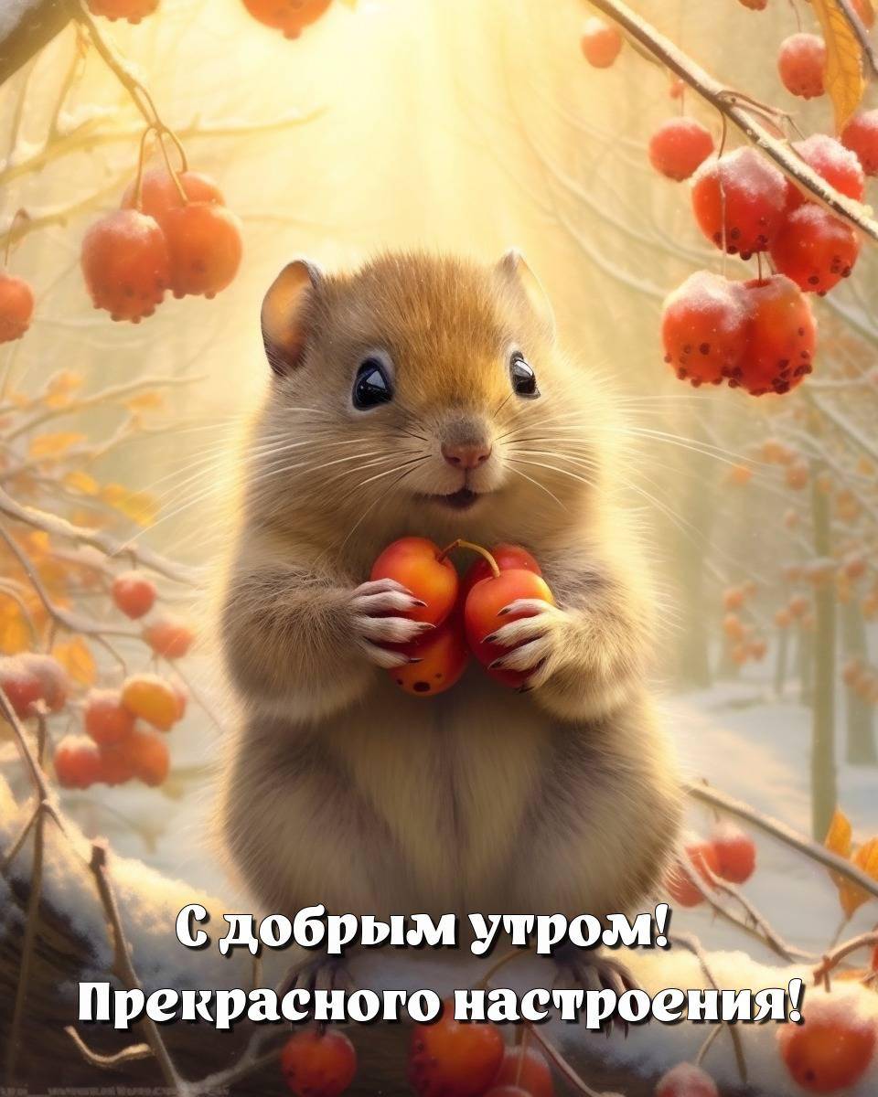 На открытке утро в горах, солнце поднимается над вершинами.