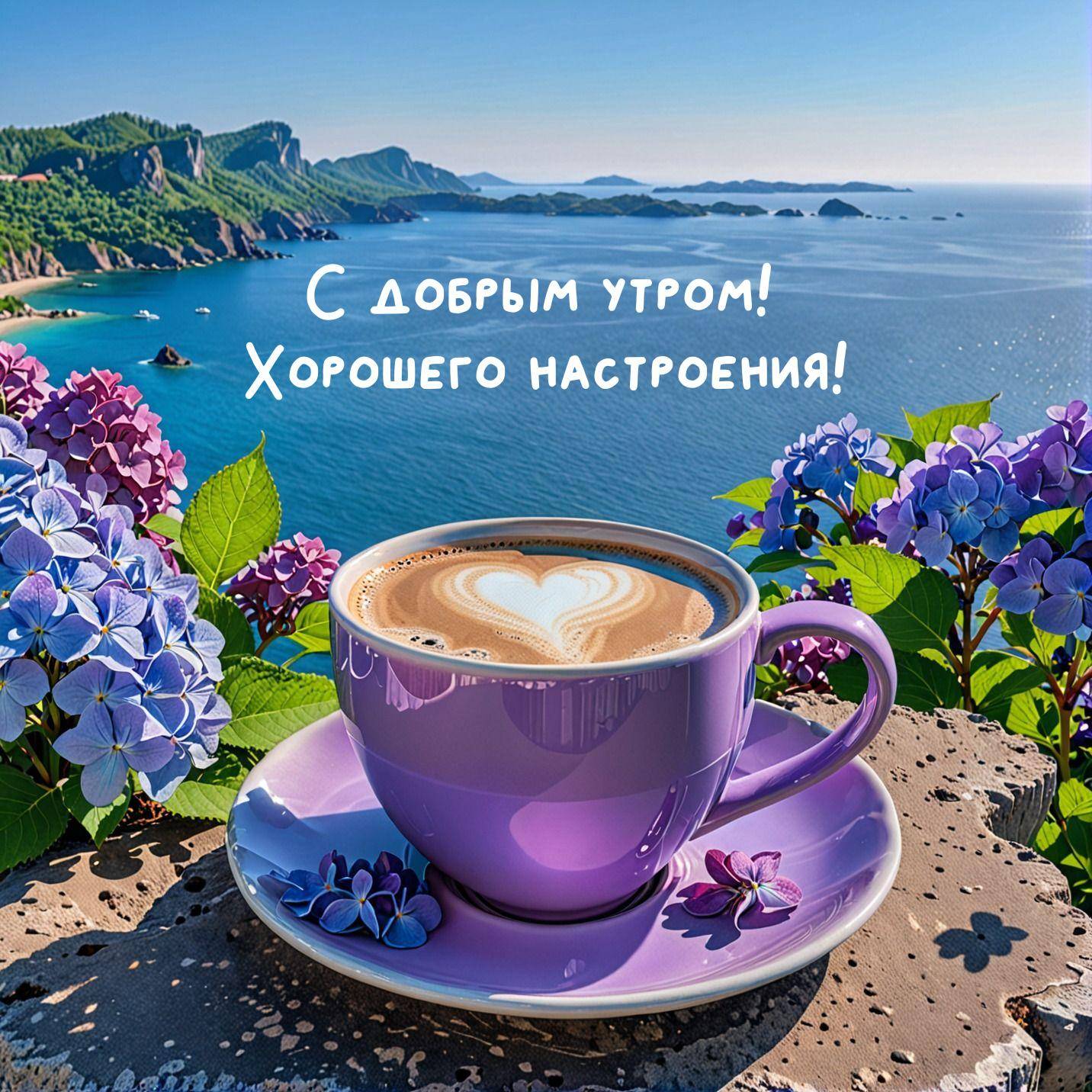 На море с зелеными холмами и фиолетовой чашкой