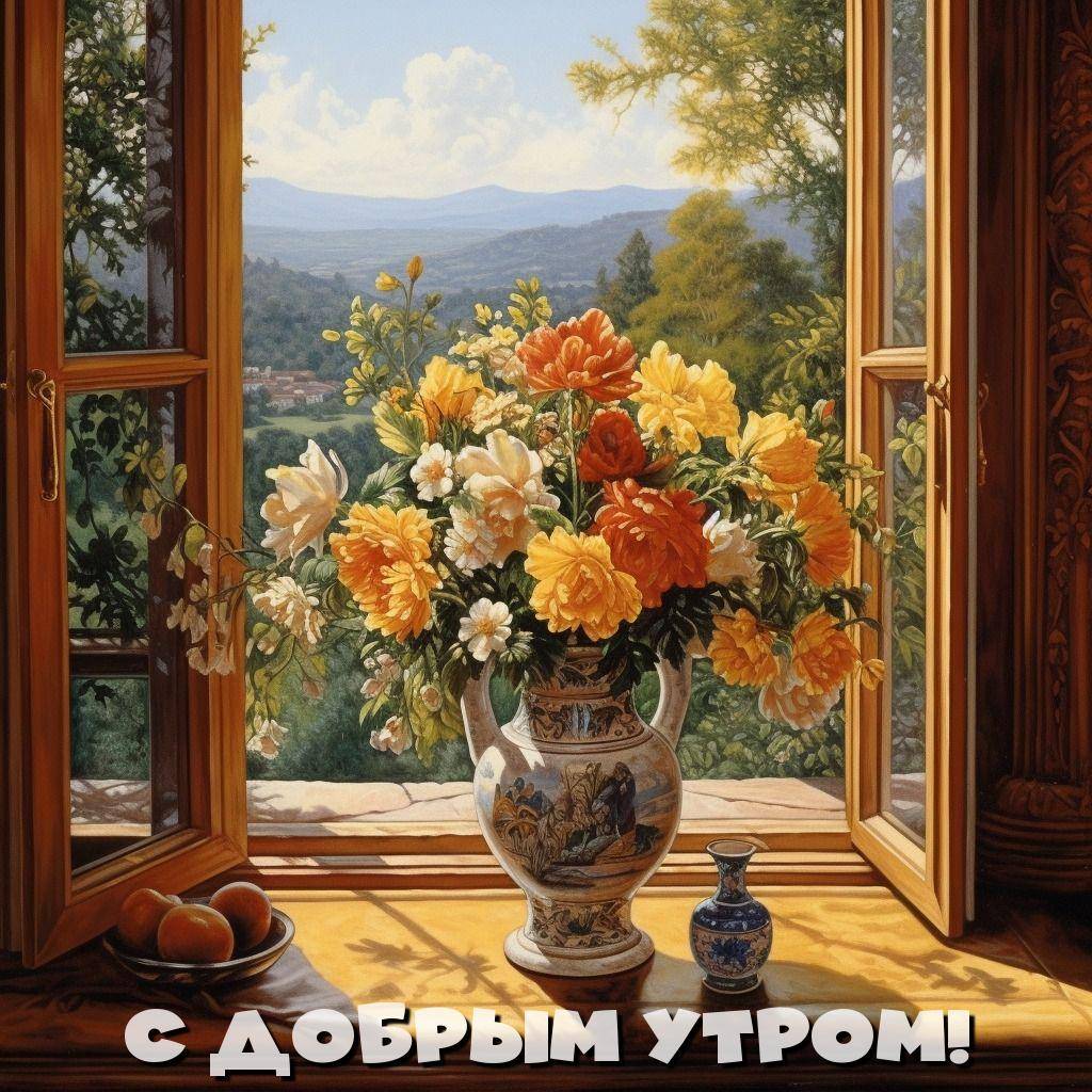 На окне яркие цветы в вазе.