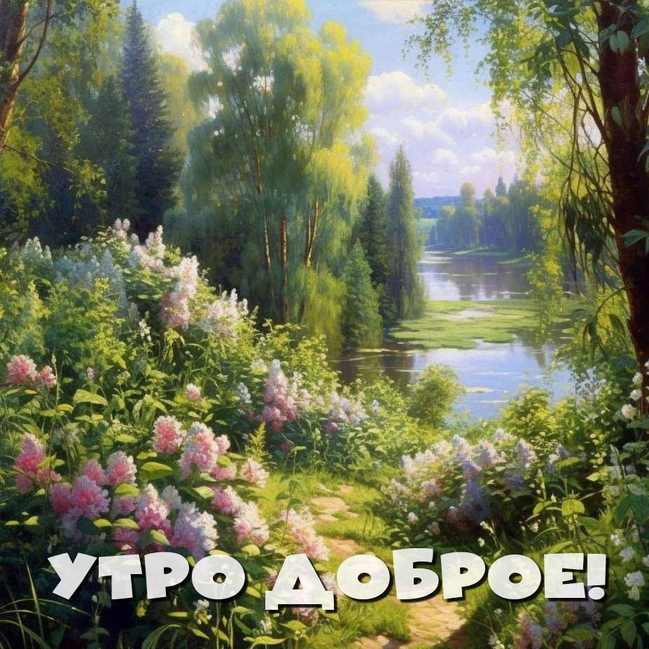 На переднем плане цветы, озеро и деревья