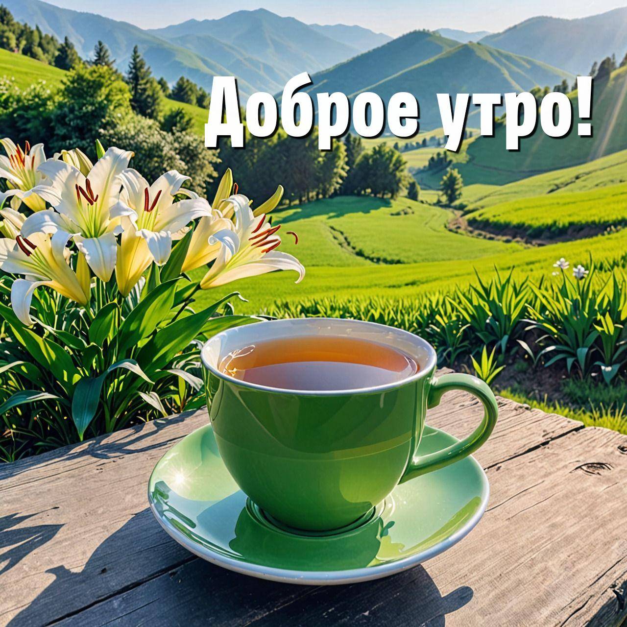 На переднем плане зеленая чашка чая на столе.
