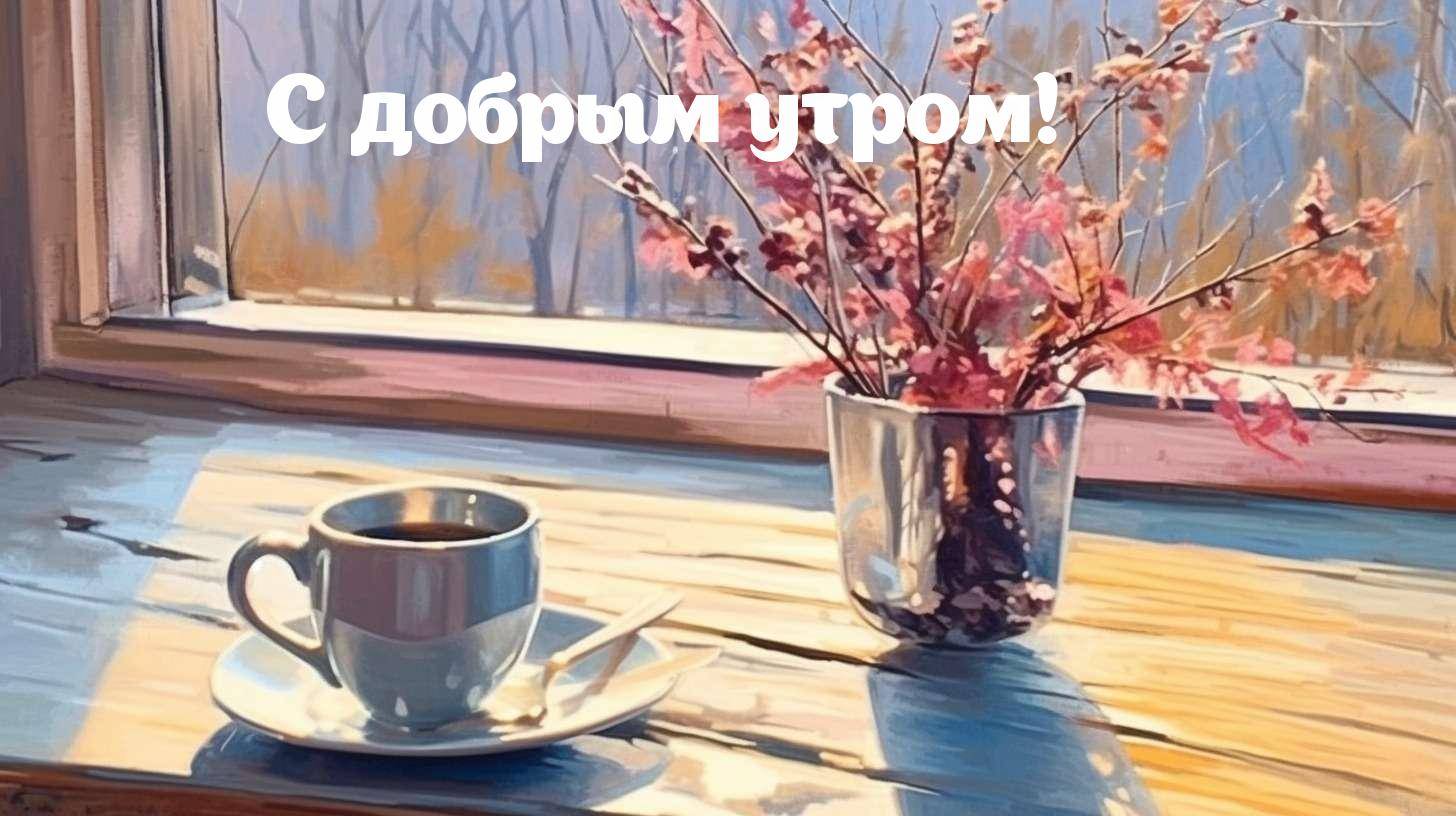 На столе чашка кофе и букет цветов на фоне окна.