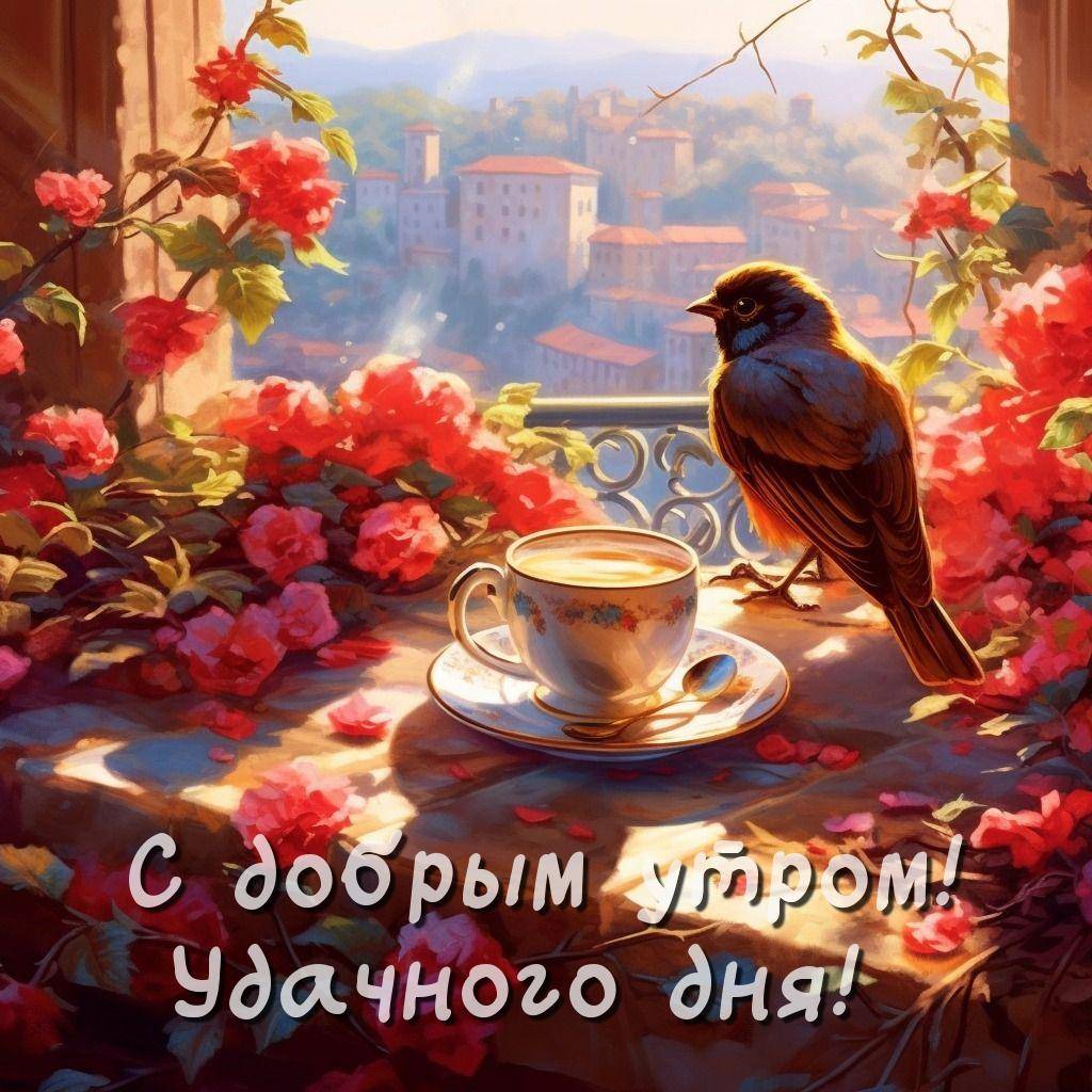 На столе розы, чашка и птица