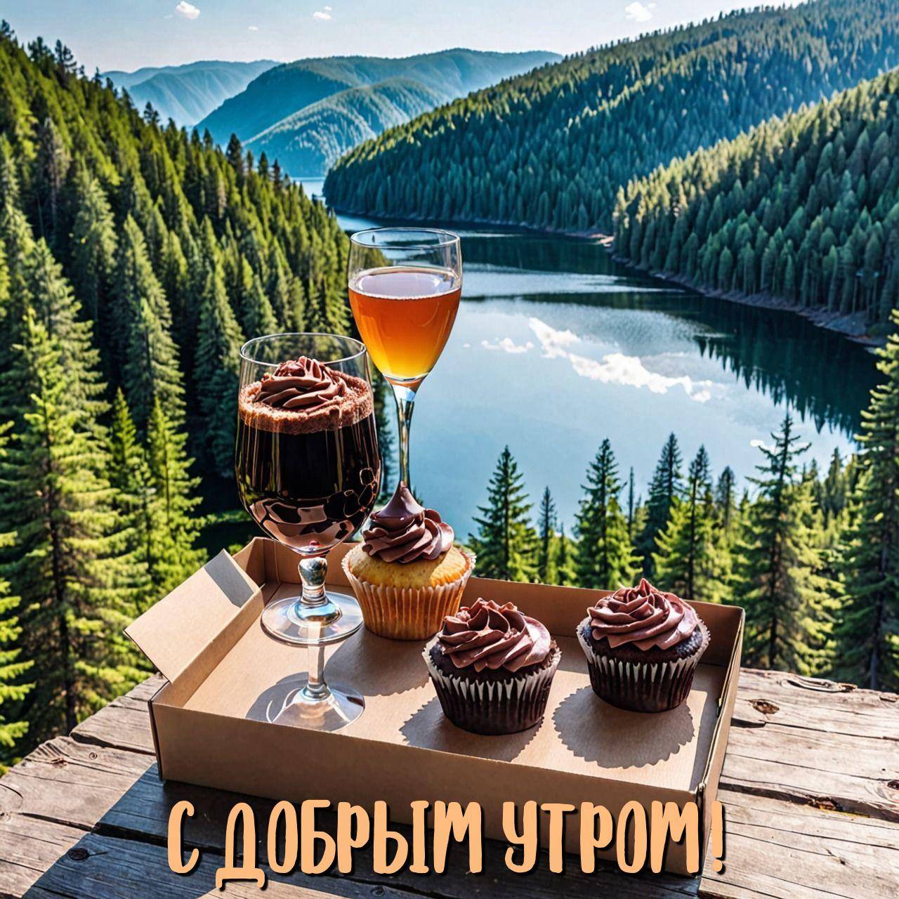 На столе три кекса и два напитка на фоне горного пейзажа