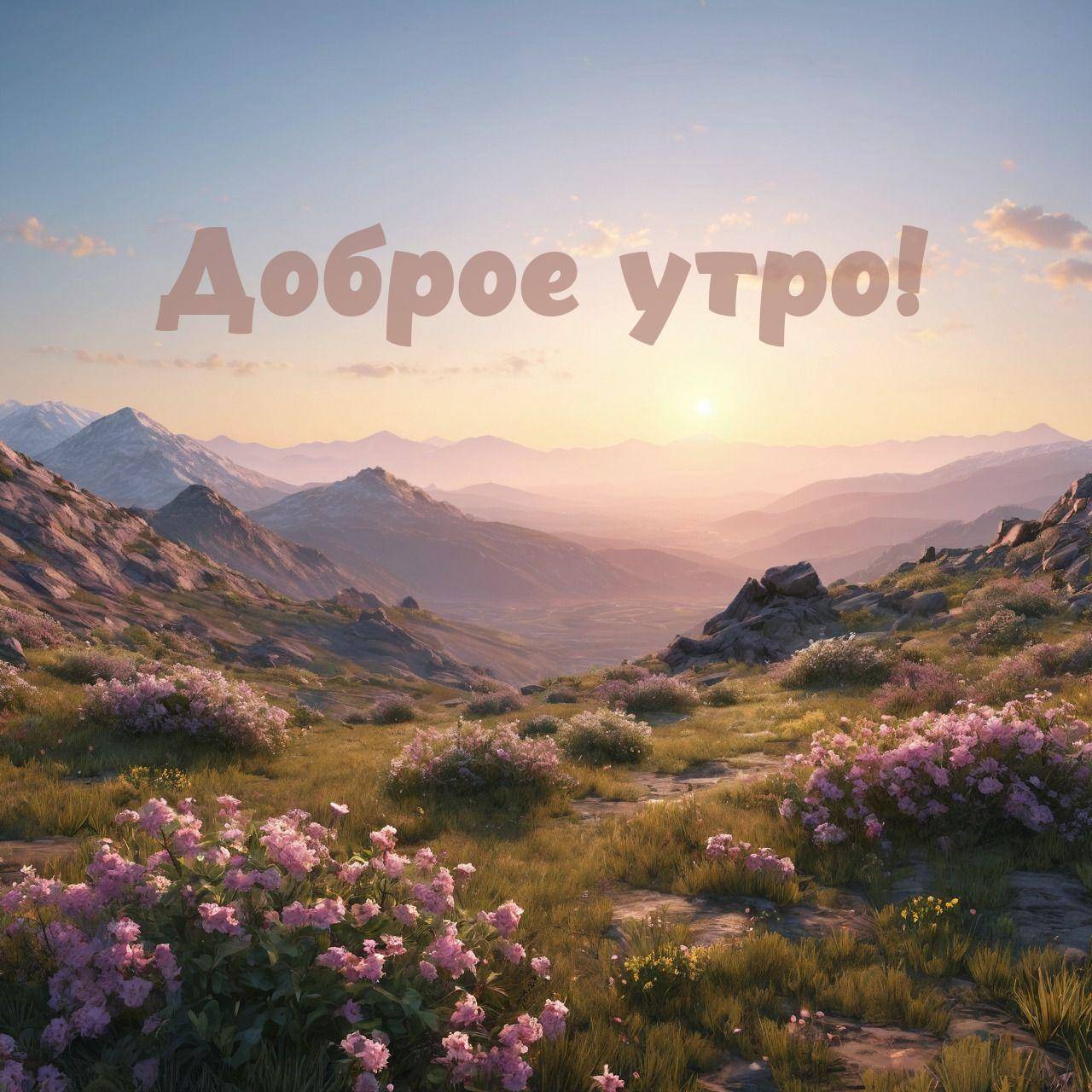 На закате горные хребты и цветущие кустарники