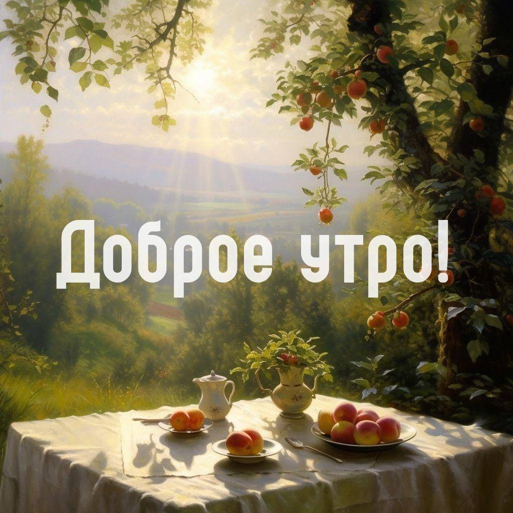 Накрытый стол в саду с яблоками и чайником