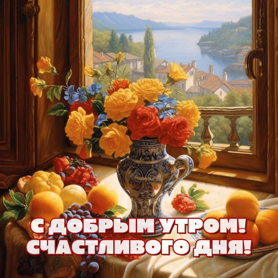 Натюрморт на подоконнике с вазой и фруктами