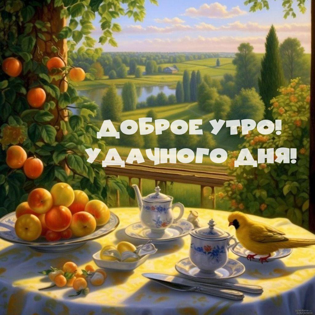 Натюрморт на веранде с фруктами и птицей