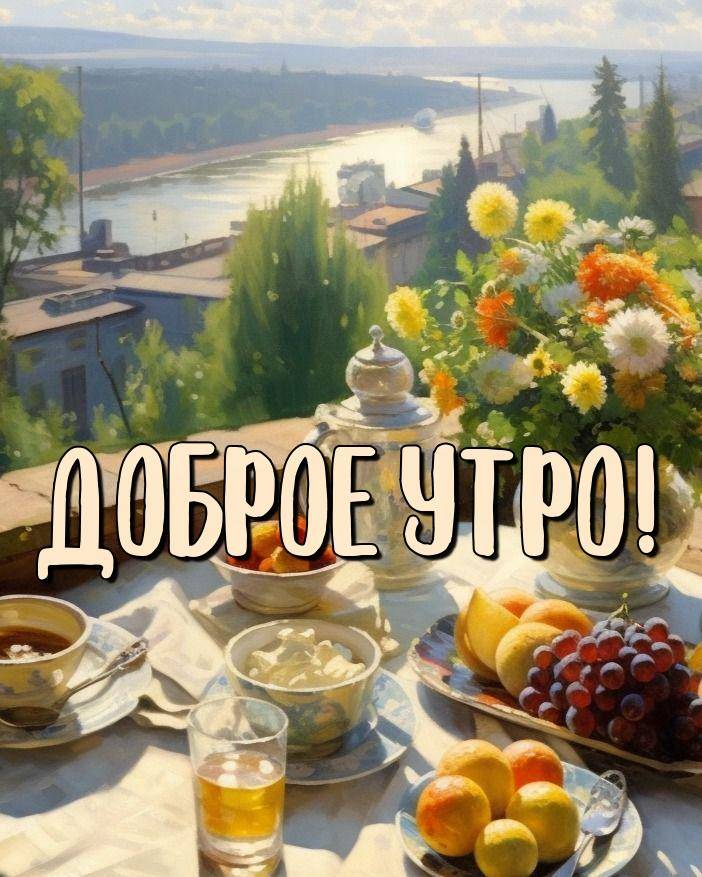Натюрморт с фруктами на террасе с видом на реку