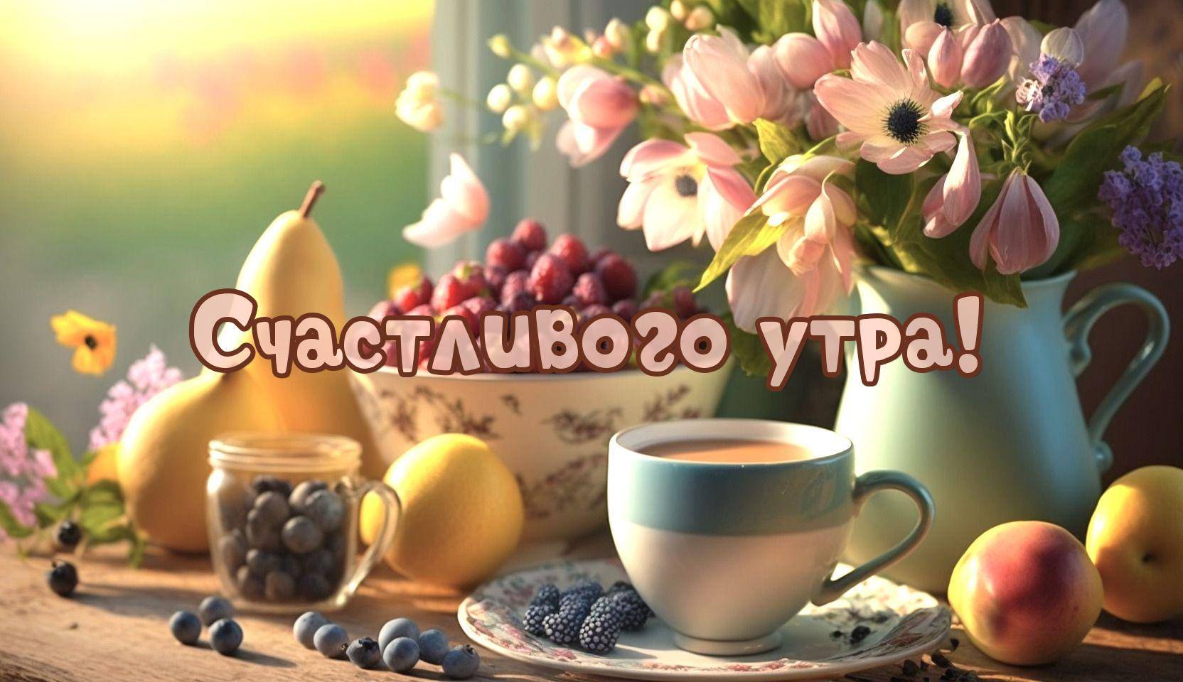 Натюрморт с фруктами, цветами и чашкой напитка