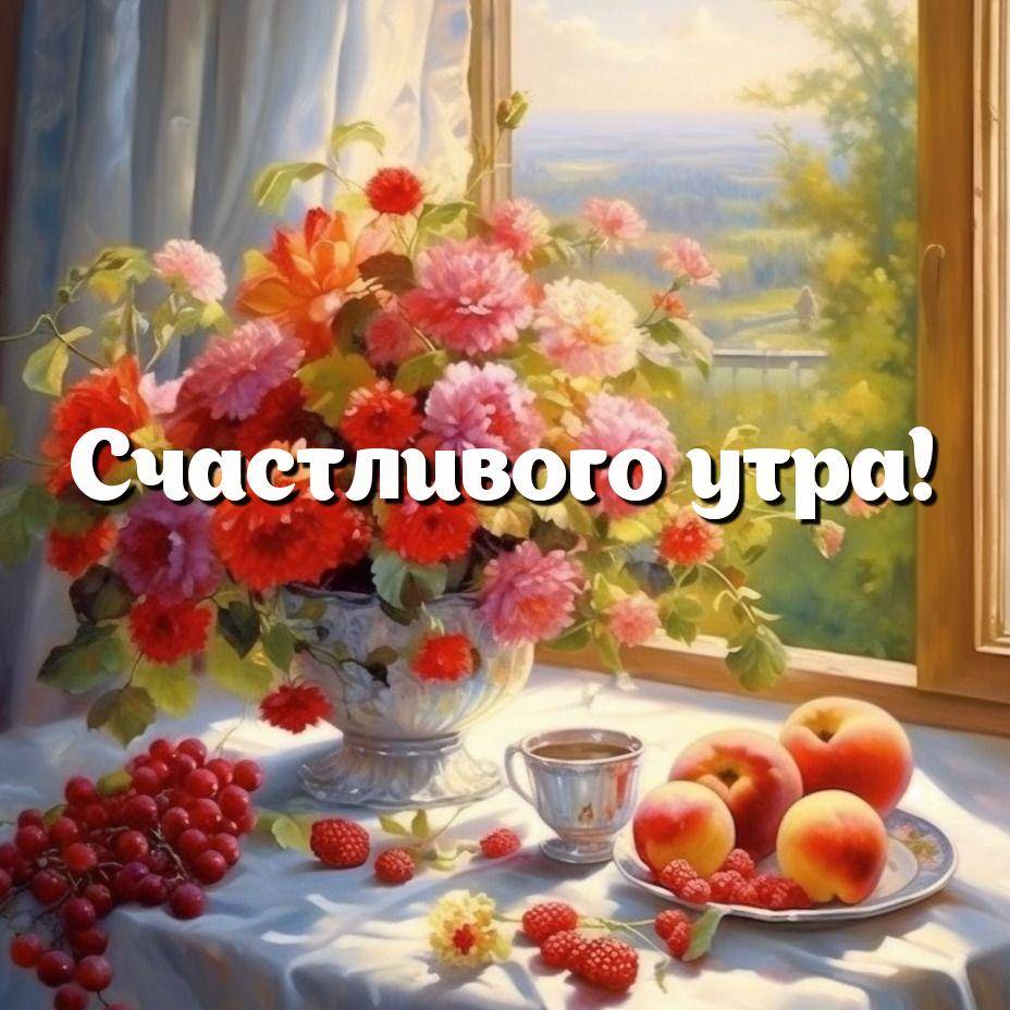 Натюрморт с цветами, фруктами и пейзажем за окном