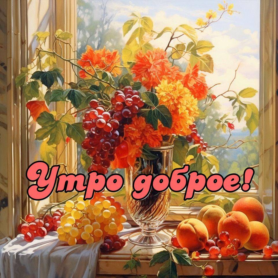 Натюрморт с цветами и фруктами на подоконнике