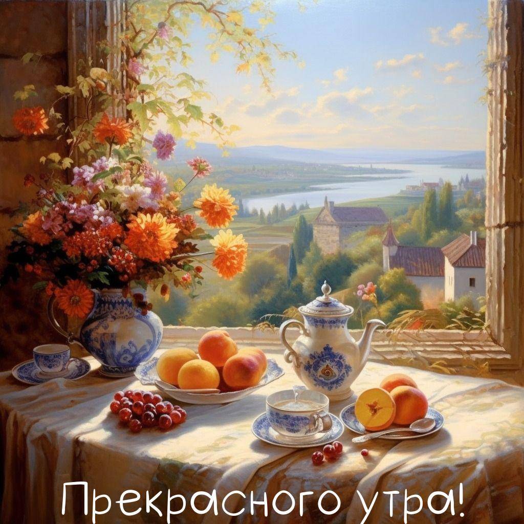 Натюрморт у открытого окна с чайным сервизом и фруктами