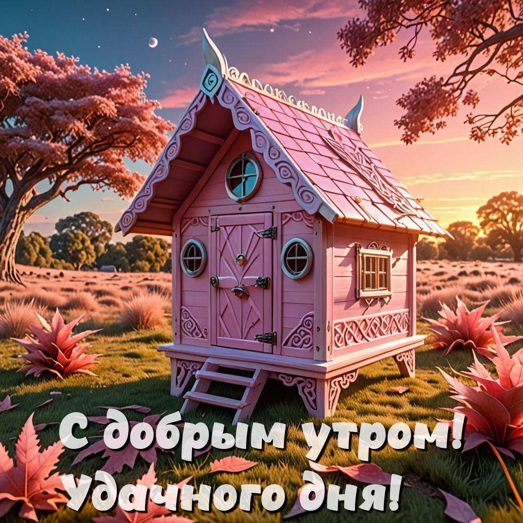 Небольшой розовый домик с изящной крышей и круглые окна