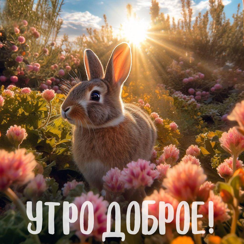 Очаровательный кролик среди цветов на фоне природы