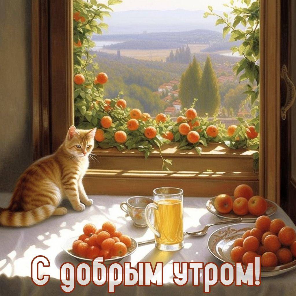 Очаровательный рыжий кот на уютном столе с апельсинами