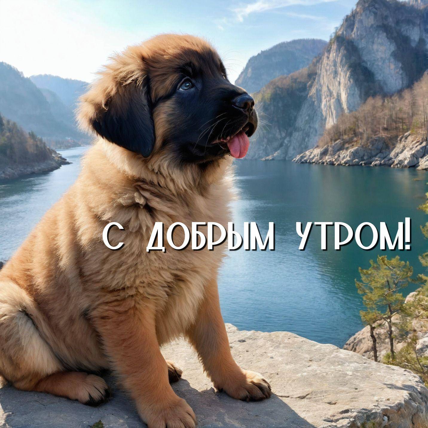 Очаровательный щенок с пушистой шерстью на камне у воды