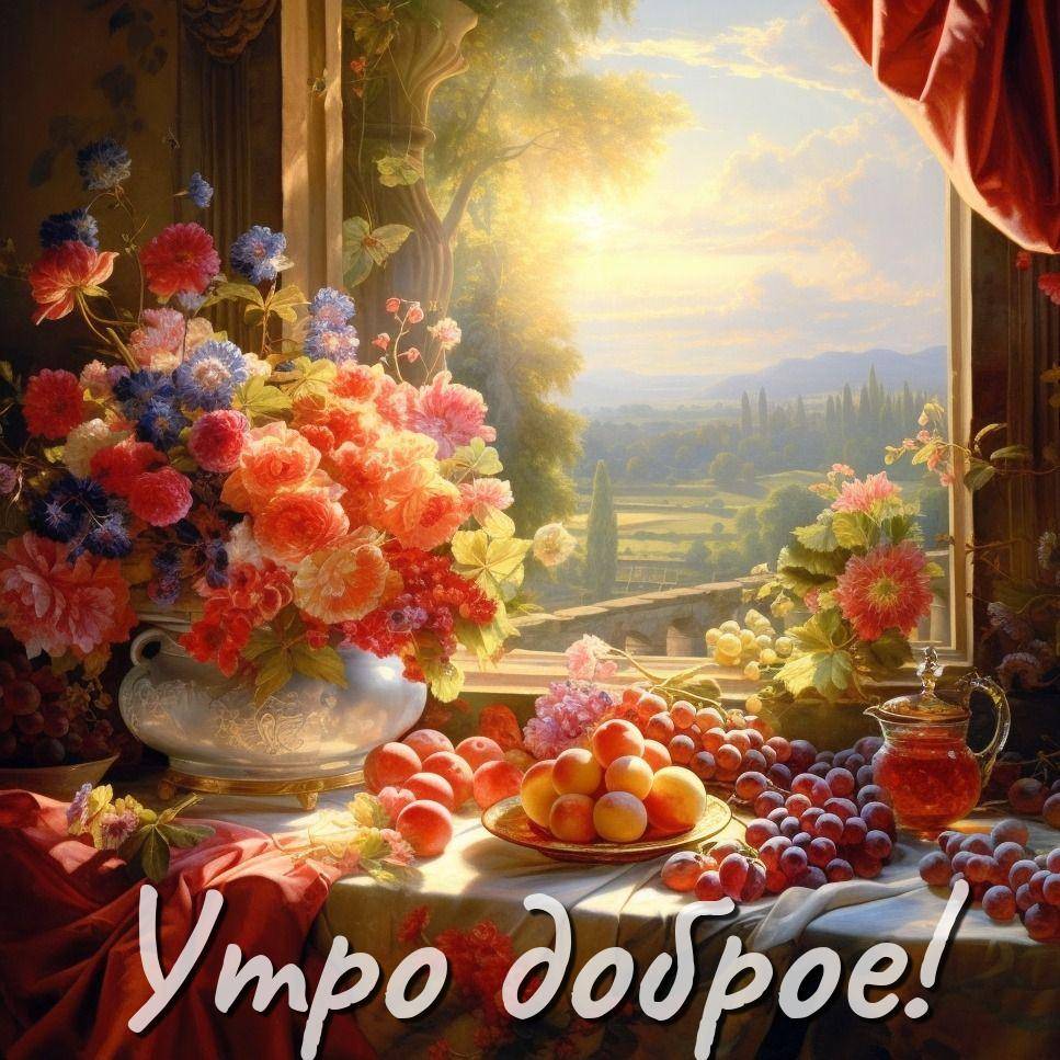 Оформленное окно с пейзажем и стол с фруктами