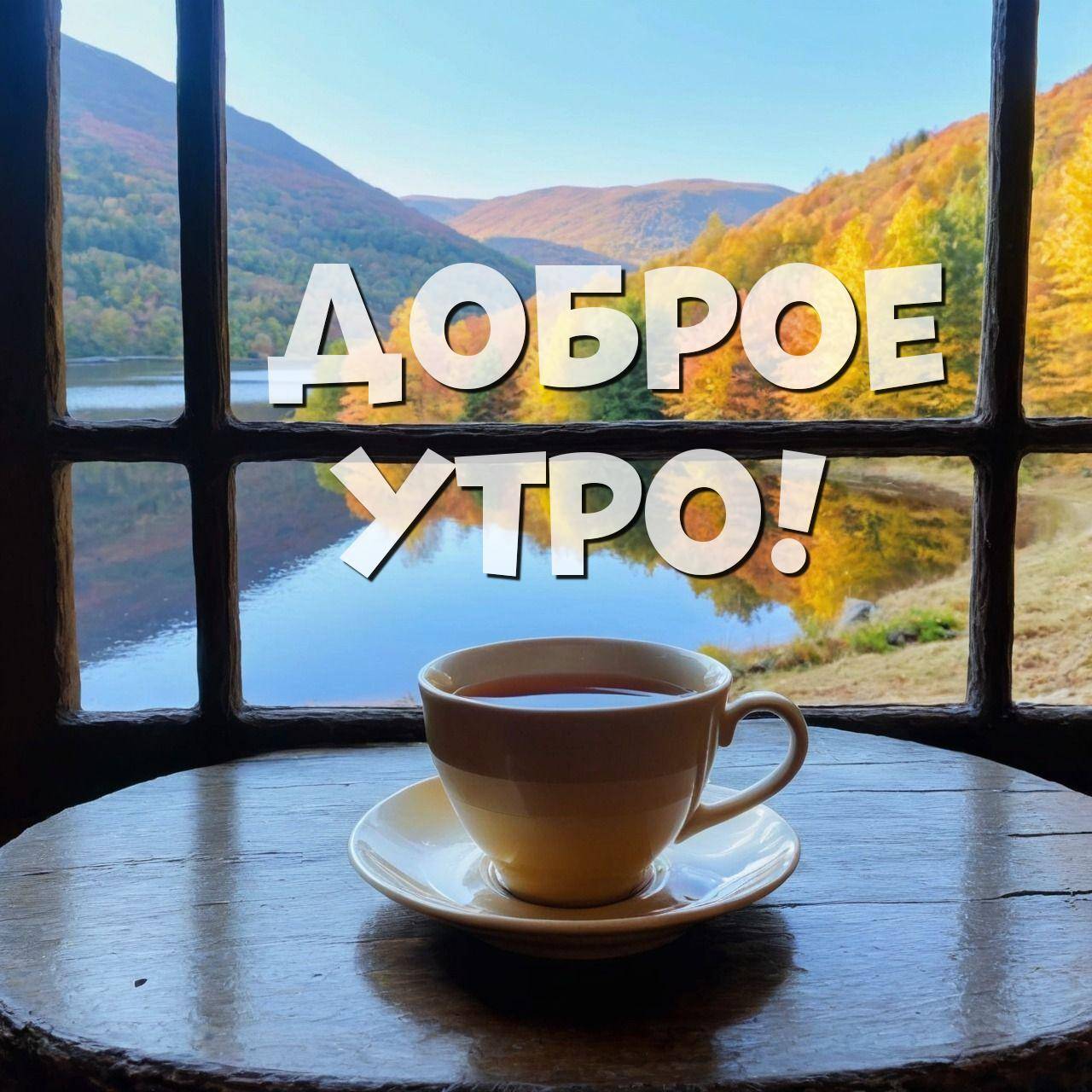 Окно с осенним пейзажем и чашкой на столе