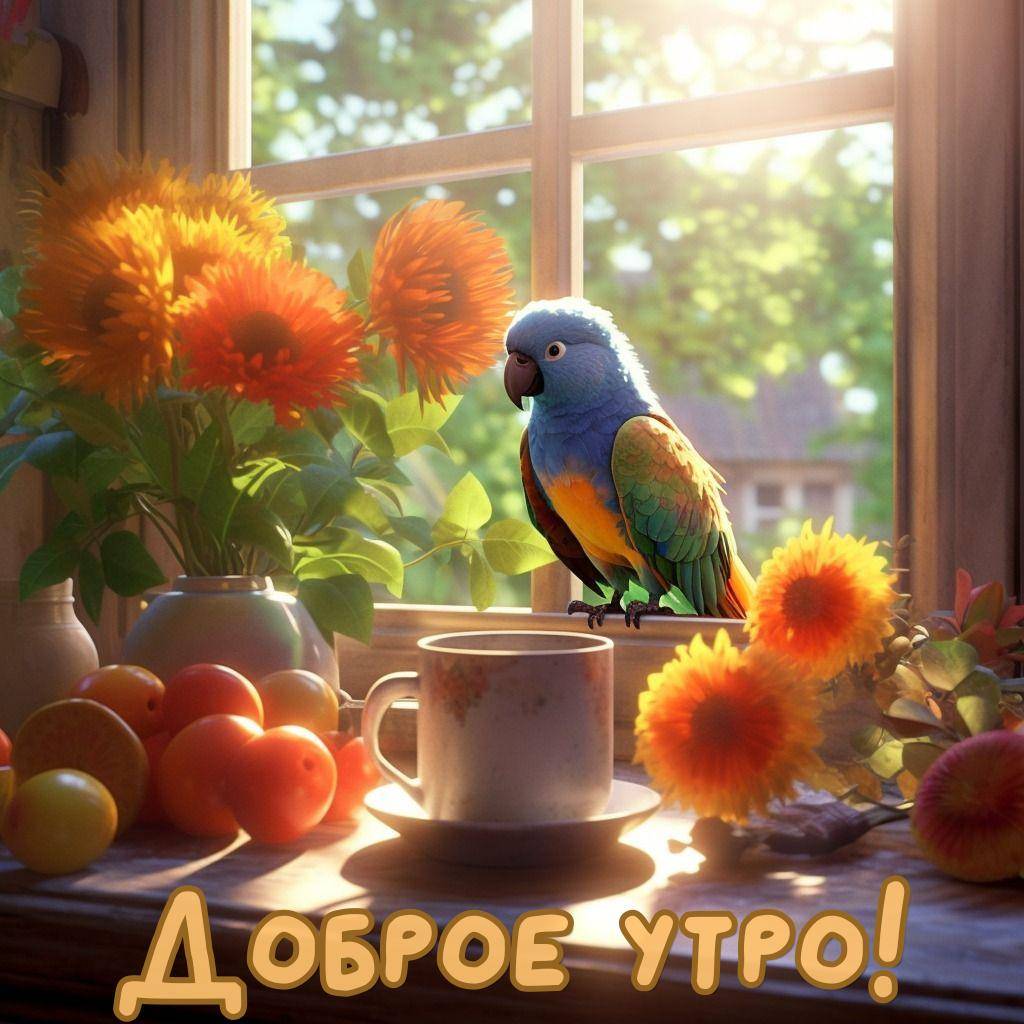Окно с солнечным светом, цветами и попугаем