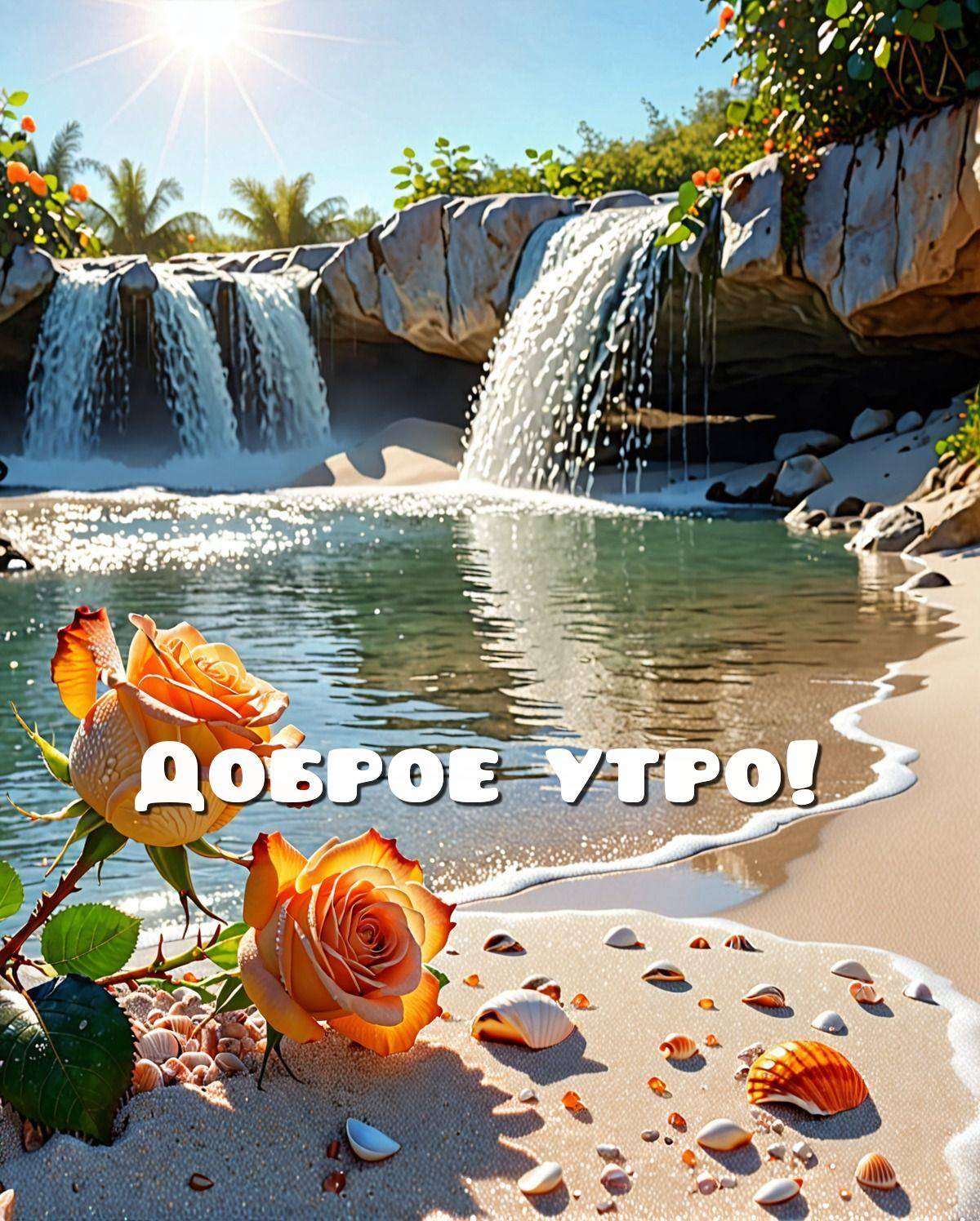Оранжевые розы на пляже с водопадами